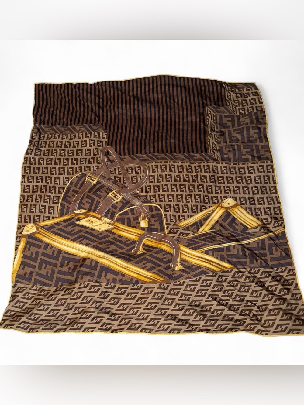 Fendi brown and black FF monogram silk neckerchief with gold trim